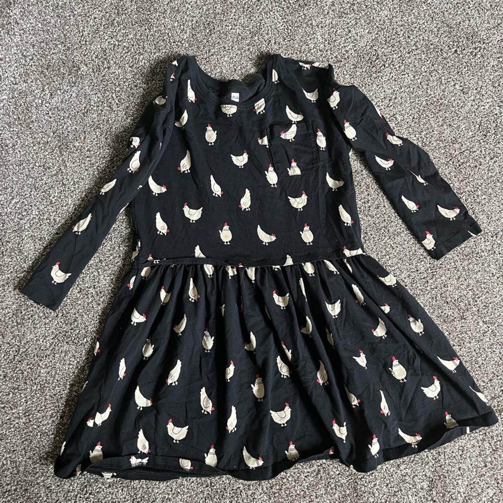 Tea Collection Black dress with Cream and Red Chicken Print